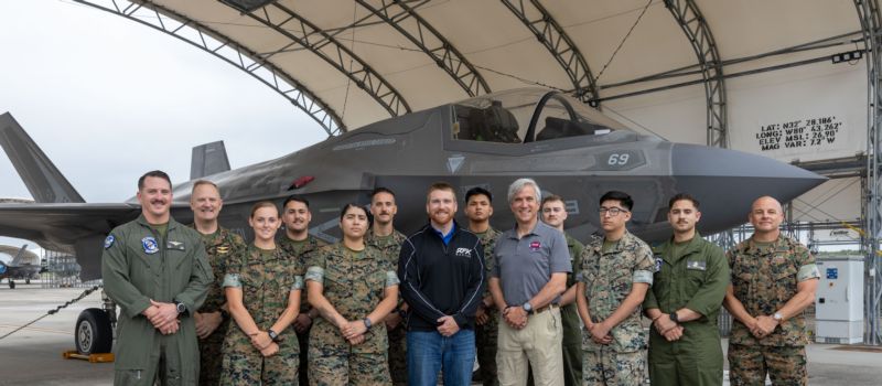 Chris Buescher, NASCAR driver, RFK Racing, learns about the capabilities of the F-35B Lightning II at Marine Corps Air Station Beaufort, South Carolina, May 14, 2024. Buescher spoke to U.S. Marines and leaders from the air station and learned about the air station’s mission and about the capabilities of the F-35B Lightning II. 