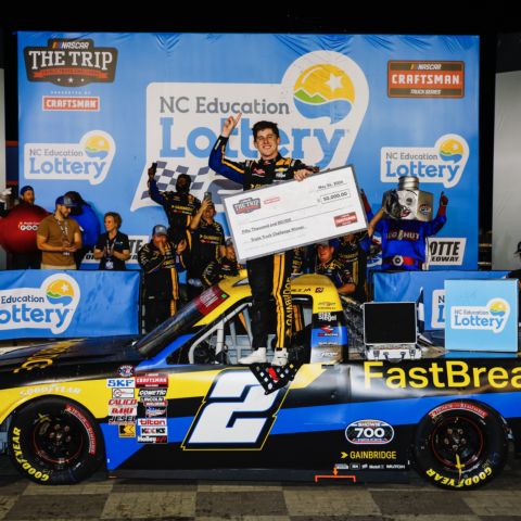 Nick Sanchez celebrates his victory in Friday's NC Education Lottery 200 NASCAR CRAFTSMAN Truck Series race at Charlotte Motor Speedway.