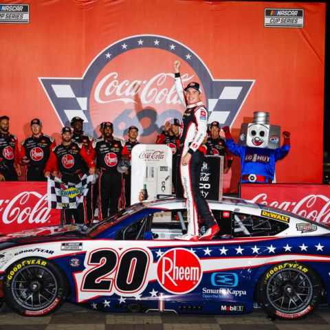 Christopher Bell celebrates after winning Sunday's Coca-Cola 600 at Charlotte Motor Speedway.