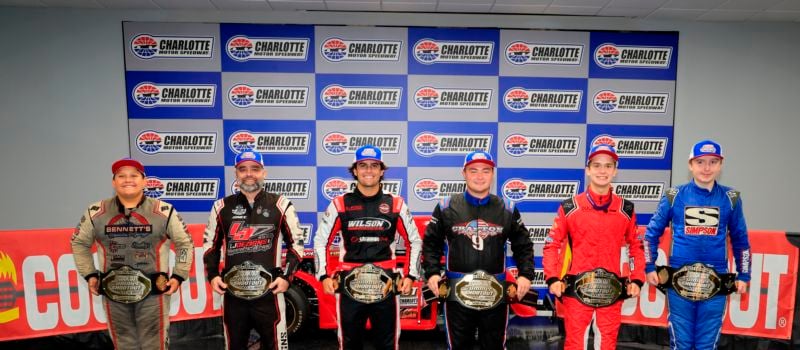 Left to right – Wyatt Coffey (Bandits), Lee Jordan (Old Armor Beer Company Masters), Jake Bollman (UNC-Charlotte Pros), Michael Crafton (VP Fuels Semi-Pro), Neal Dulin (Night Owl Companies Young Lions) and TJ Moon (Bojangles Outlaws) all earned their championship belts in the final night of Cook Out Summer Shootout. 