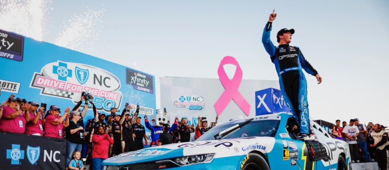 Sam Mayer, driver of the No. 1 JR Motorsports Chevrolet, celebrates after winning Saturday's Drive for the Cure 250 presented by Blue Cross and Blue Shield of NC at Charlotte Motor Speedway.