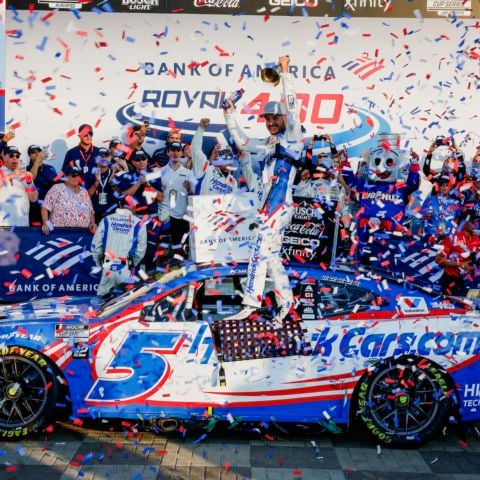 Kyle Larson celebrates after winning Sunday's Bank of America ROVAL™ 400 at Charlotte Motor Speedway. The win was Larson's sixth of the NASCAR Cup Series season and the 29th of his career.