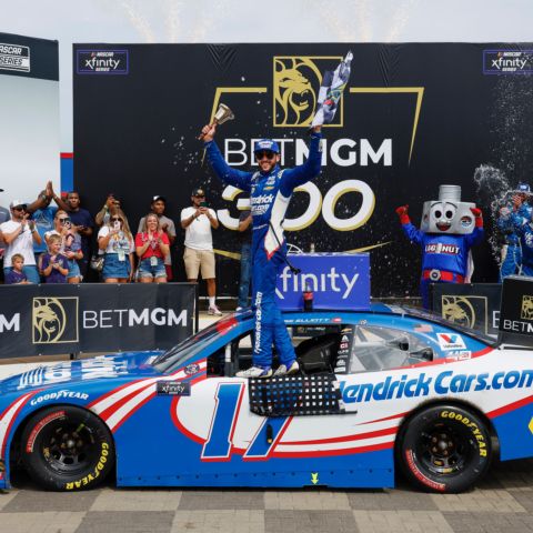 Chase Elliott celebrates after winning Saturday's BetMGM 300 NASCAR Xfinity Series race at Charlotte Motor Speedway. 